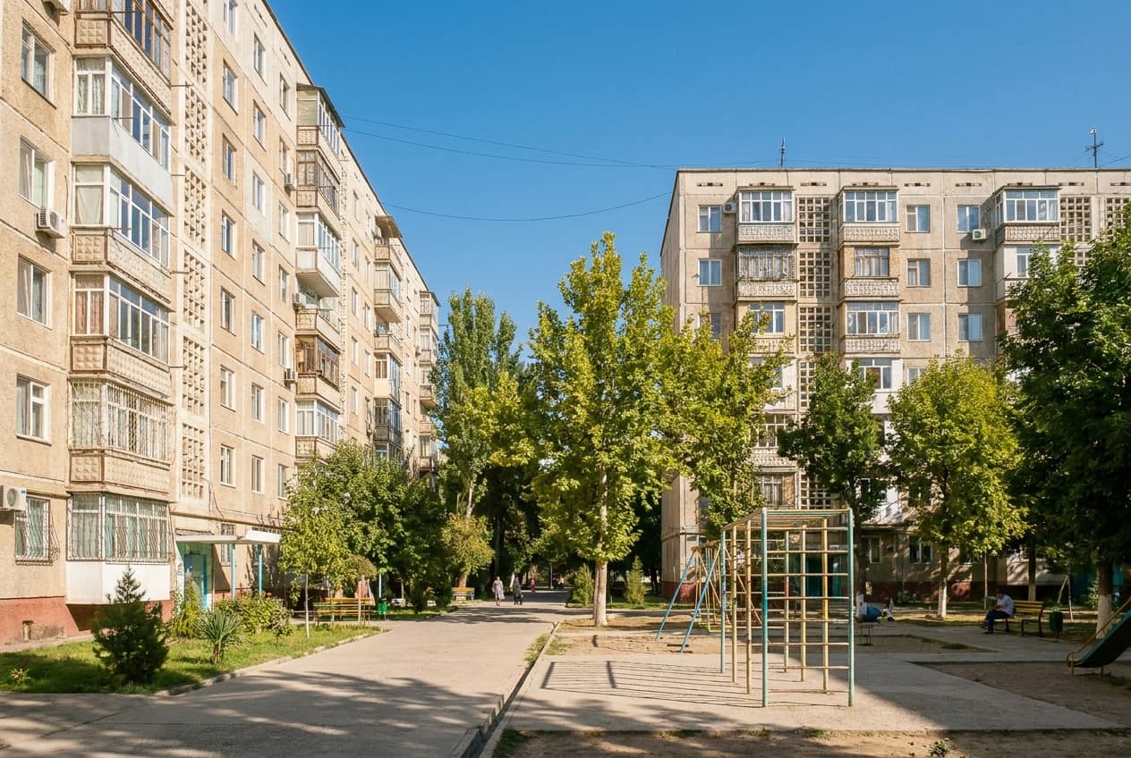Фасад девятиэтажного панельного дома, балконы застеклены по-разному